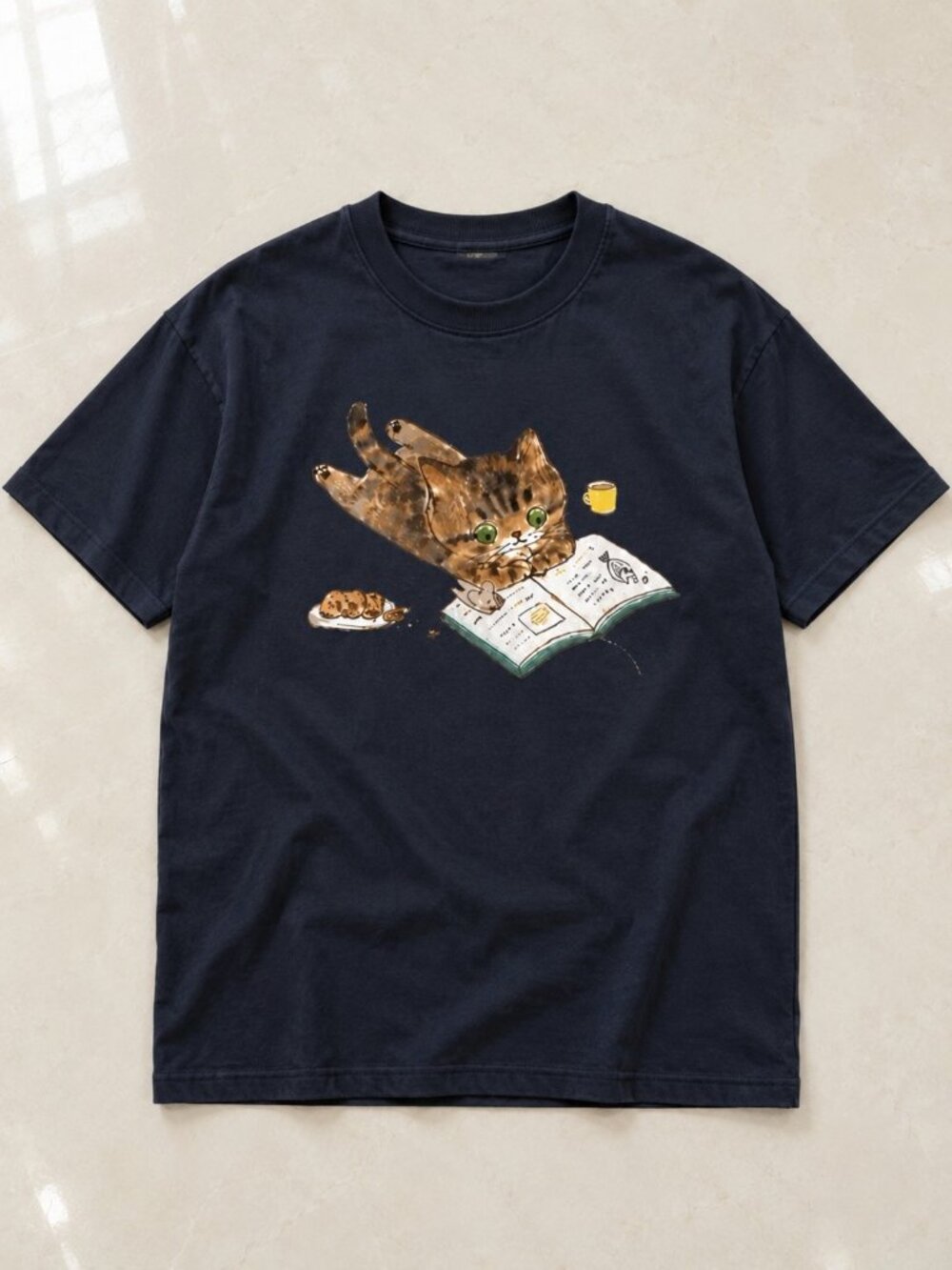 Reading Cat with Cookies Navy Graphic Gildan T-Shirt